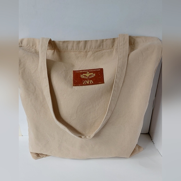 Zara Beige Tote Bag with Brown Leather Logo Patch at Front - Picture 5 of 9